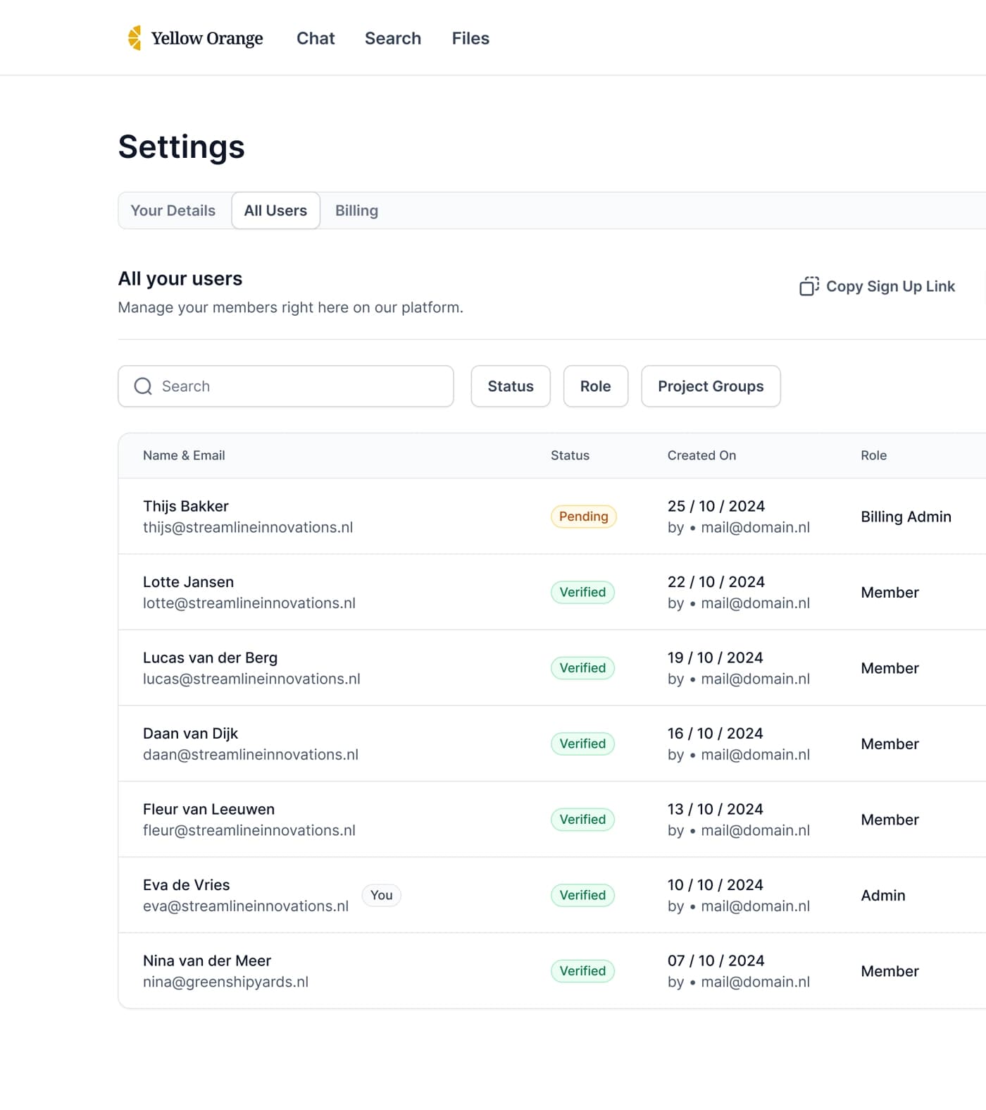 Screenshot of the role-based access control interface showing user permissions and management