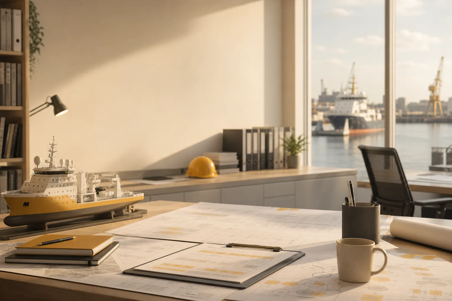 Warm naval engineering planning room background