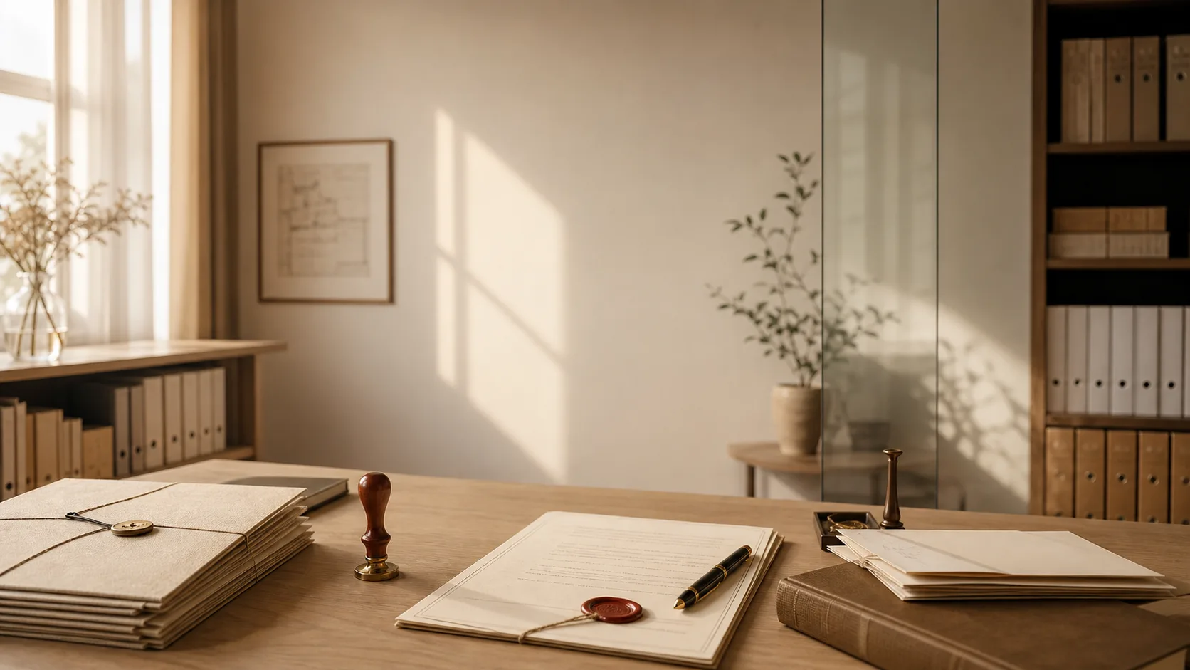Warm notary office background with deed folders and a seal stamp