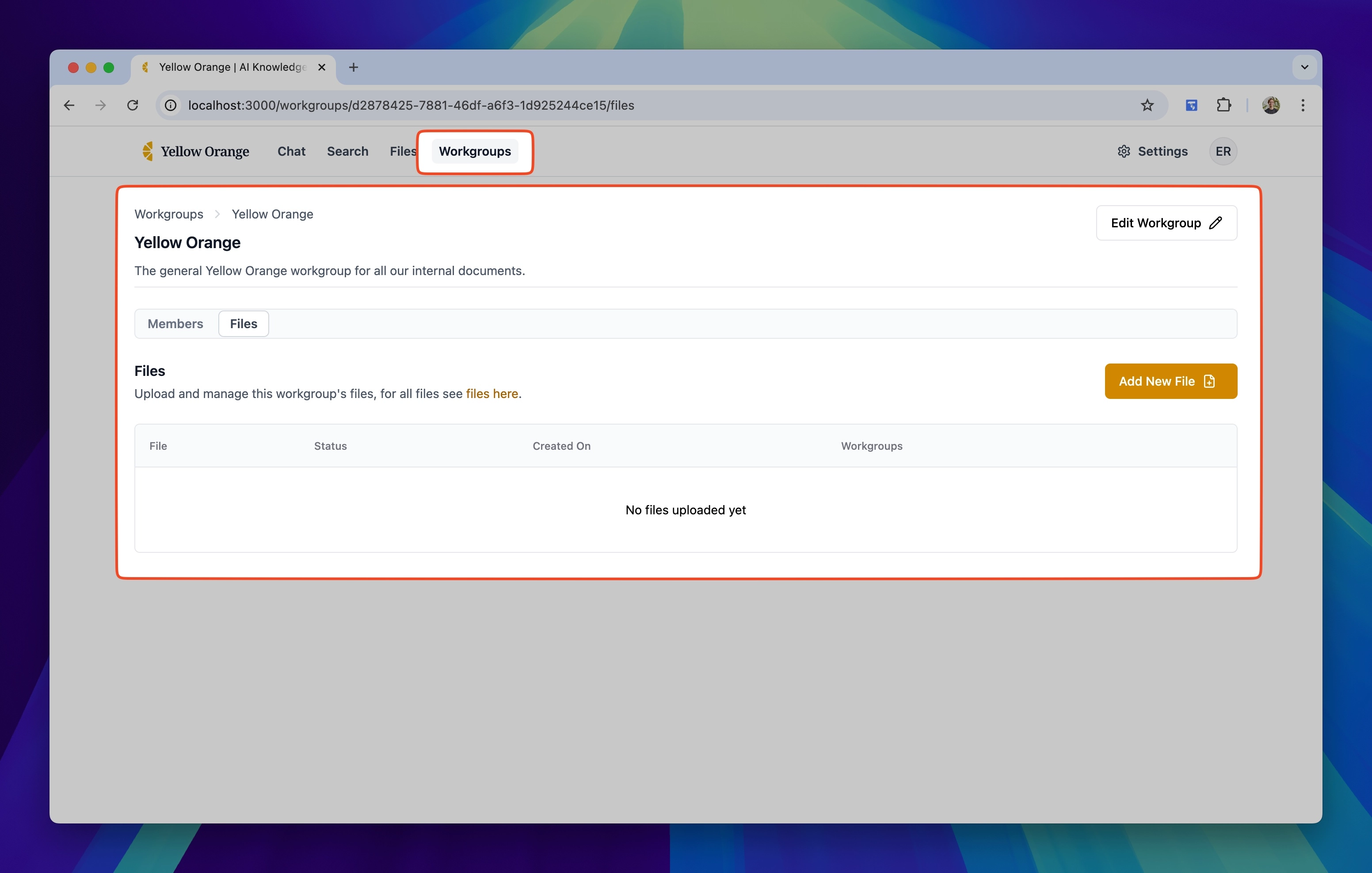 Onboarding screen explaining Yellow Orange workgroups
